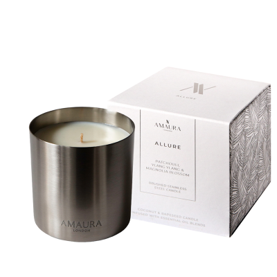 ALLURE Patchouli Ylang Ylang Magnolia Blossom Brushed Stainless Steel Candle with Packaging Amaura London 58