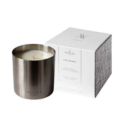 CALMING Sandalwood Amber Lavender Brushed Stainless Steel Candle with Packaging Amaura London 58