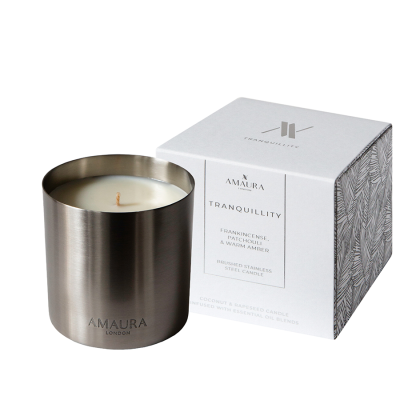 TRANQUILLITY Frankincense Patchouli warm amber Blossom Brushed Stainless Steel Candle with Packaging Amaura London 58