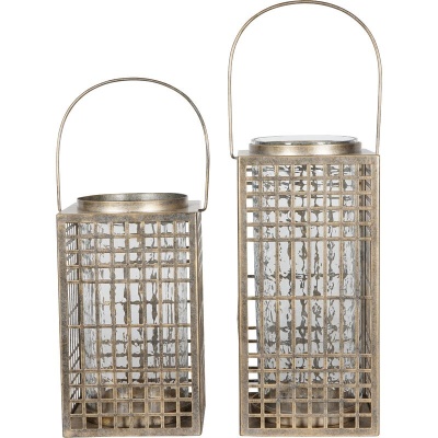 704797 G Barossa Fretwork Square Lantern in Aged Gold with Glass Flute 41cm